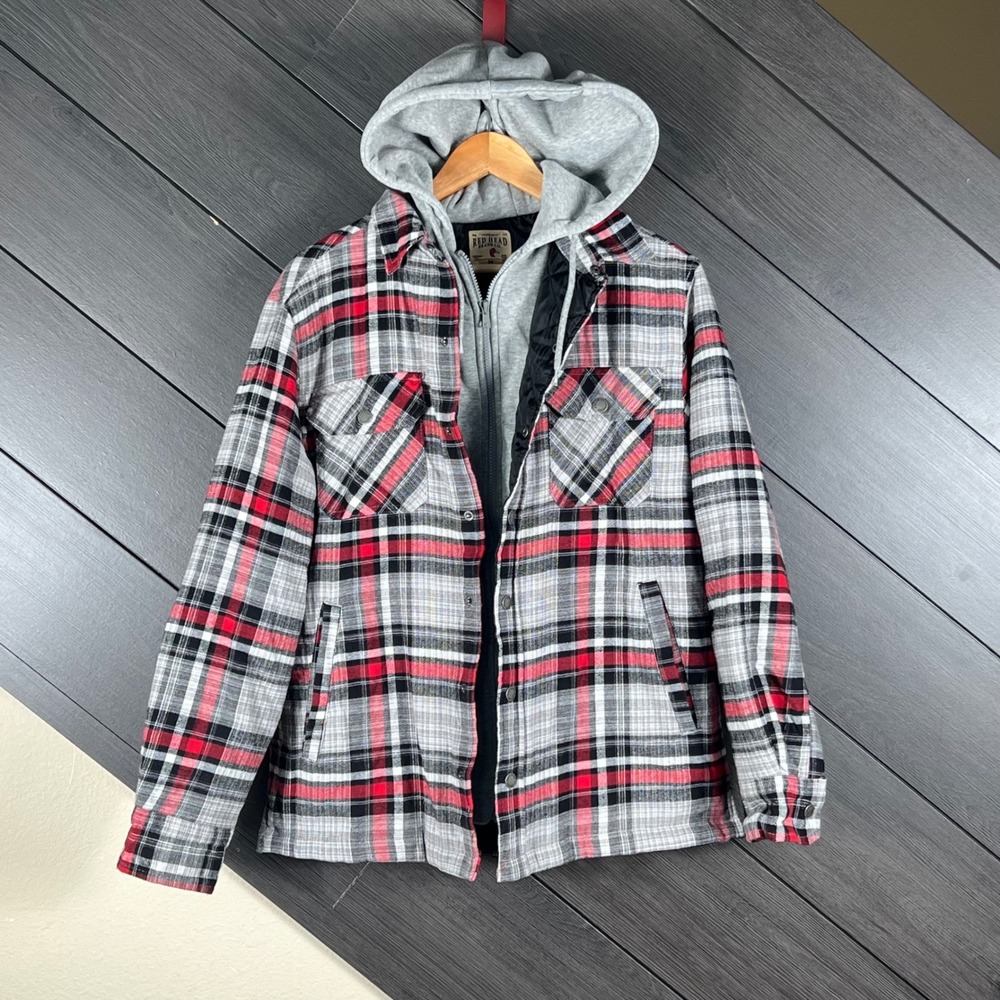 Red Head Mens Plaid Hooded Jacket Quilted Lined‎ Size M Red Gray Outdoor